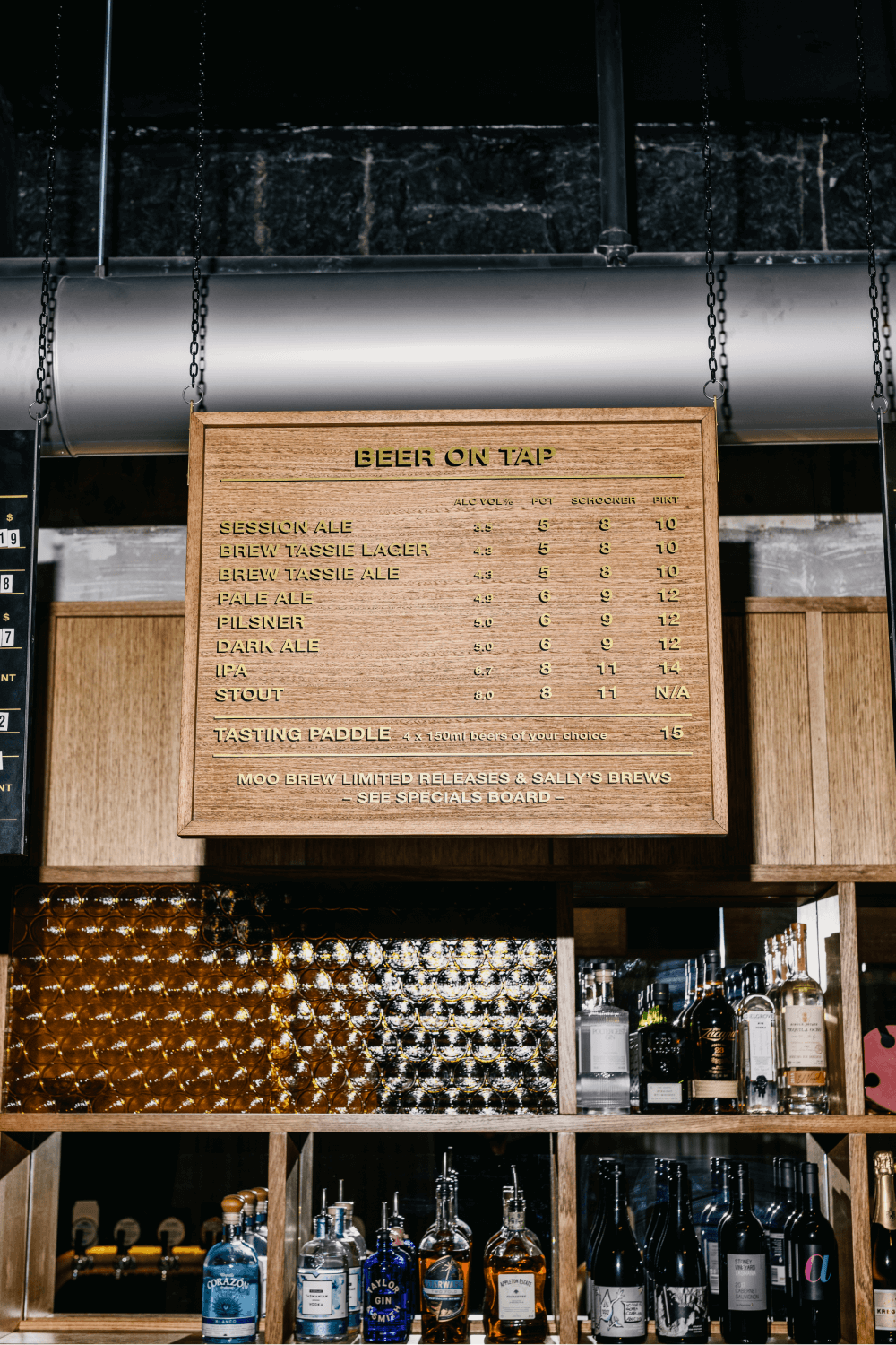 Manky Sally's wooden tap beer menu